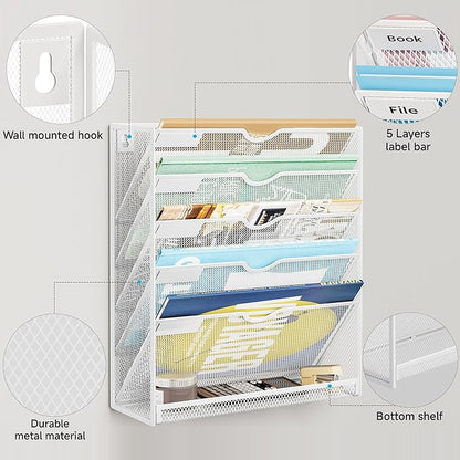 Lavatino 6-Tier Hanging File Organizer, Wall Mount File Holder for Mails Folders Papers Magazine Organization, Vertical Document Organizer for Office Home - (White)