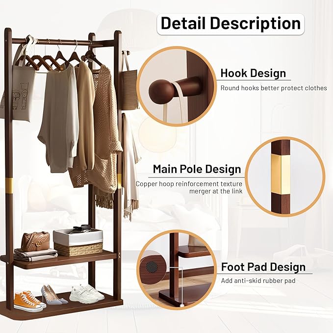 Freestanding Coat Rack with 2 Storage Shelves and 5 Hooks, Heavy Duty Wood Garment Rack for Bedroom, Hallway, Entryway (23.6x11.4x64.7 in)