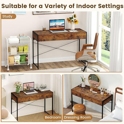 GOFLAME Modern 2-Drawer Computer Desk, Home Office Desk w/Reinforced Heavy-Duty Metal Frame, Versatile Study Writing Desk w/Anti-Tip Kit, Ideal for Bedroom, Study, Office, Small Spaces, Rustic Brown