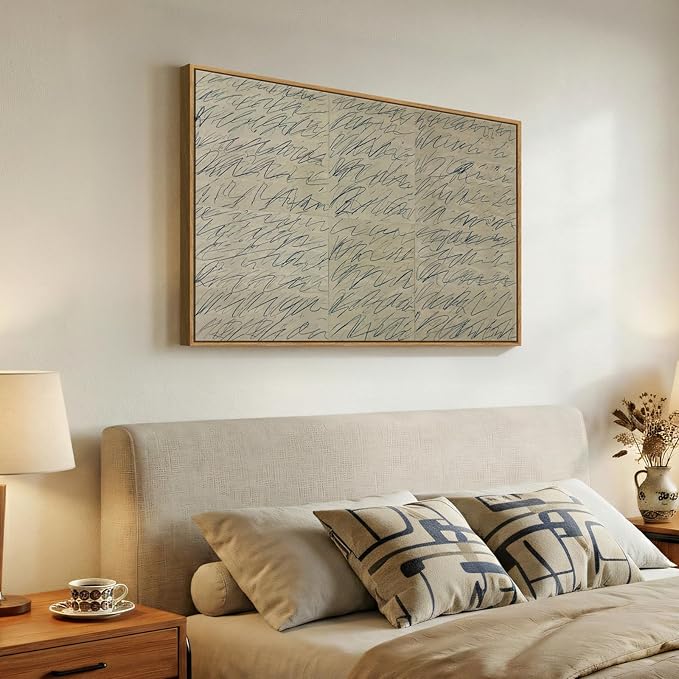 Framed Netural Abstract Wall Art, Modern Black and Beige Canvas Prints Paintings Artwork for Walls, Contemporary Minimalist Handwritten Lines Pictures for Dining Bedroom Hallway Wall Decor 36x24 In