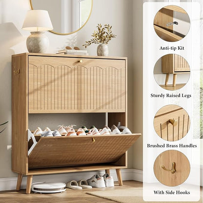 Nicetree Arch-Chic Shoe Cabinet for Entryway, Modern Mid-Century Shoe Storage Cabinet with Fluted, Narrow Shoe Rack for Entryway with Adjustable Shelves & Tipping Protection,Light Oak