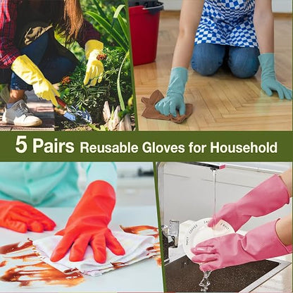 Kitchen Gloves for Washing Dishes - 5 Pairs Rubber Cleaning Gloves for Household Cleaning Gardening, Non-Slip Dishwashing Gloves Reusable for Women Men Large