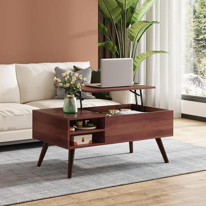 WLIVE Lift Top Coffee Table for Living Room,Small Coffee Table with Storage,Hidden Compartment and Adjustable Shelf,Mid Century Modern, Wood,Cherry,Espresso.
