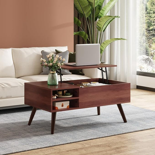 WLIVE Lift Top Coffee Table for Living Room,Small Coffee Table with Storage,Hidden Compartment and Adjustable Shelf,Mid Century Modern, Wood,Cherry,Espresso.