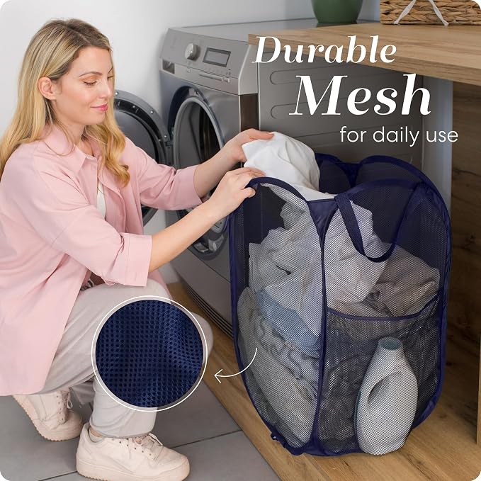 Handy Laundry Collapsible Mesh Pop Up Laundry Hamper 2-Pack – Large Foldable Laundry Basket with Side Pocket, Breathable & Durable, Space-Saving for Clothes, Toys, Travel, Dorm, Bedroom, Blue