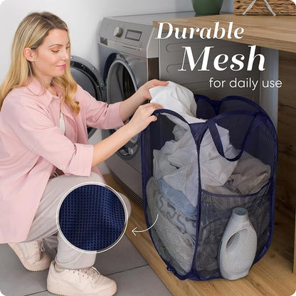 Handy Laundry Collapsible Mesh Pop Up Laundry Hamper 2-Pack – Large Foldable Laundry Basket with Side Pocket, Breathable & Durable, Space-Saving for Clothes, Toys, Travel, Dorm, Bedroom, Blue