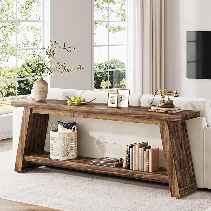 70.87-Inch Console Table for Entyrway, Extra Long Sofa Table Behind Couch, Farmhouse 2-Tier Entry Table for Hallway, Foyer, Rustic Brown