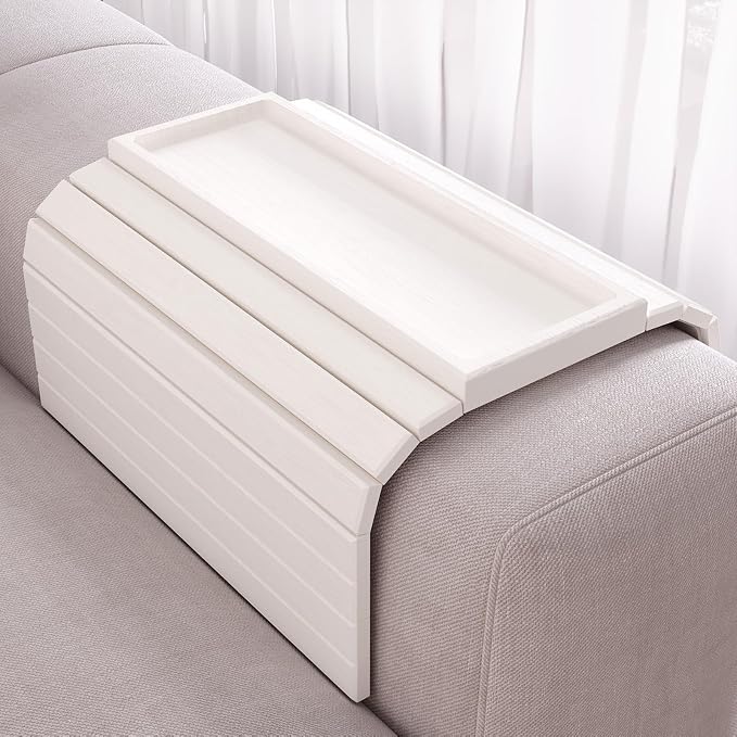 Sofa Arm Tray,Bamboo Folding Couch Arm Tray,Sofa Armrest Trays with Anti-Slip Pad for Drinks,Snacks,Phone,Remote Control（White）