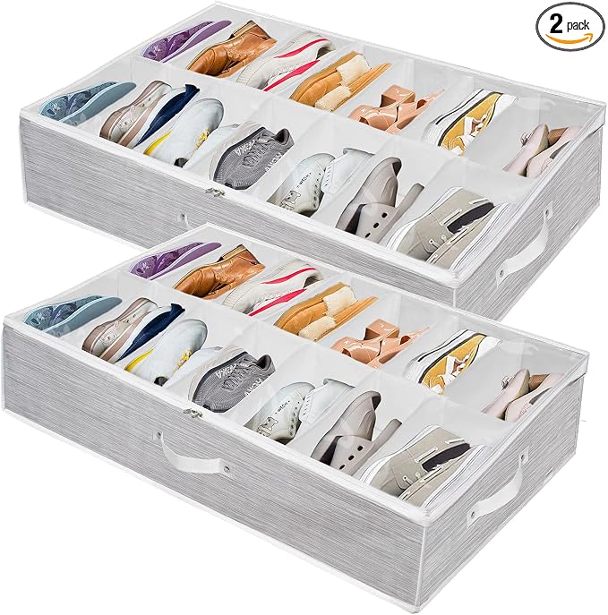 Shoe Organizer Under Bed,Underbed Shoe Storage Boxes Bins,Sturdy Organizador De Zapatos,Extra Large Zapateras Organizer for Closet,Men Women Kids Shoes,High Heels,Short Boots,Sneakers,White,Set of 2