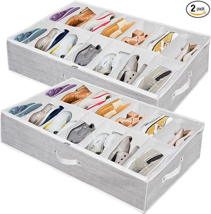 Shoe Organizer Under Bed,Underbed Shoe Storage Boxes Bins,Sturdy Organizador De Zapatos,Extra Large Zapateras Organizer for Closet,Men Women Kids Shoes,High Heels,Short Boots,Sneakers,White,Set of 2