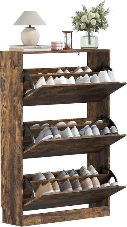 Shoe Cabinet with 3 Flip Drawers, 47" Slim Hidden Wood Shoe Storage Cabinet with Adjustable Shelf, Freestanding Narrow Shoe Rack Organizer for Entryway, Hallway, Brown