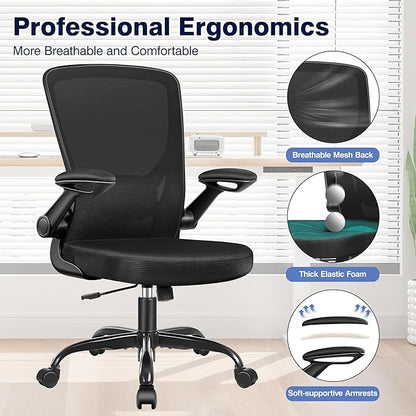 Ergonomic Office Chair, Mesh Computer Chairs with Lumbar Support, Swivel Desk Chair with Flip-up Arms and Adjustable Height, Black Pack of 8