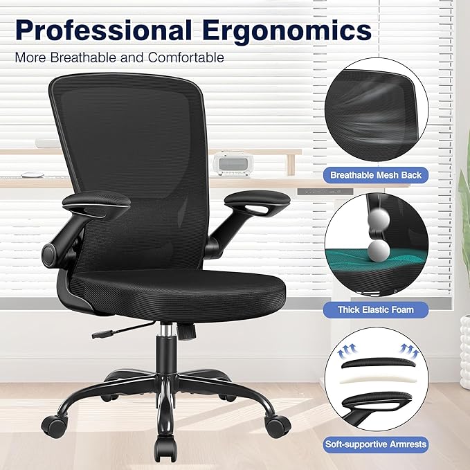 Ergonomic Office Chair, Mesh Computer Chairs with Lumbar Support, Swivel Desk Chair with Flip-up Arms and Adjustable Height, Black Pack of 4