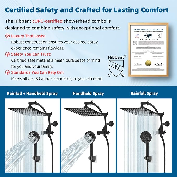Hibbent All Metal cUPC Certified Shower Head, 12'' High Pressure Rain Shower Head, Handheld Showerhead Combo with 16'' Adjustable Extension Arm, 10 Sprays, 71'' Hose, Showerhead Holder, Matte Black
