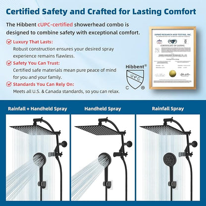 Hibbent All Metal cUPC Certified Shower Head, 12'' High Pressure Rain Shower Head, Handheld Showerhead Combo with 16'' Adjustable Extension Arm, 10 Sprays, 71'' Hose, Showerhead Holder, Matte Black