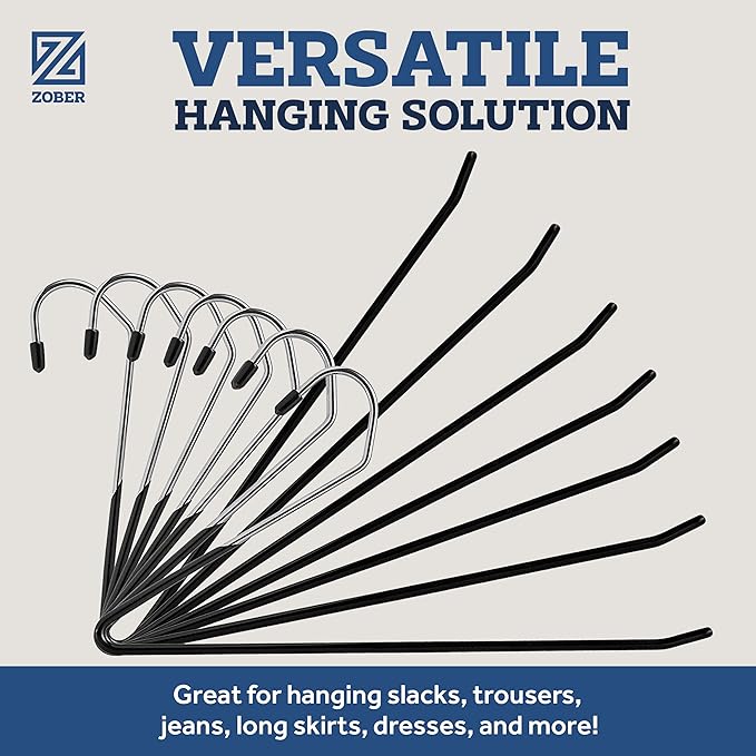 Zober Pants Hangers Non Slip - Open Ended Pants and Jean Hangers for Closet - Space Saving Clothes Hanger - Strong, Durable, Metal Pant Hangers (Black 2O Pack)