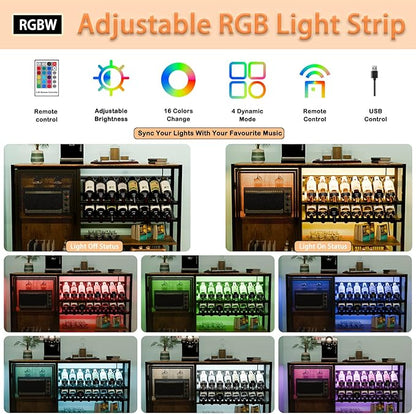 48" Wine Bar Cabinet with Power Outlet, Industrial Coffee Bar Cabinet with LED Strip, Liquor Bar Cart with Wine Rack and Glass Holder for Living Room Dining Room Kitchen, Rustic Brown