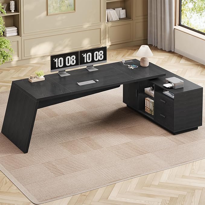 78 inch L Shaped Executive Desk with Power Outlets, Large Home Office Desk with Storage Drawers and File Cabinet, Modern Computer Desk with Shelves, Black Business Furniture