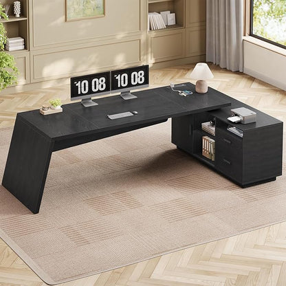 78 inch L Shaped Executive Desk with Power Outlets, Large Home Office Desk with Storage Drawers and File Cabinet, Modern Computer Desk with Shelves, Black Business Furniture