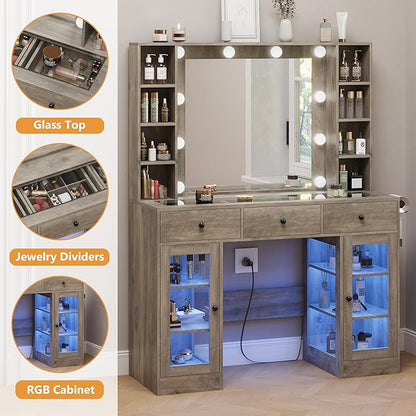 Grey Vanity Desk with Mirror and Lights, Glass Top Vanity with Lighted Mirror & RGB Glass Cabinet and 3 Drawers, Farmhouse Makeup Vanity Desk with Lights Dressing Table for Bedroom, 3 Color Modes