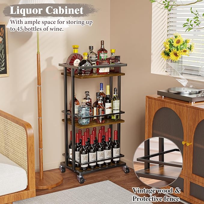 3 Tier Bar Cart for Home, Rolling Mini Liquor Bar for Wine Beverage Dinner Party, Utility Kitchen Storage Island Serving Cart on Wheels, Coffee Bar Cabinet for Kitchen Dining Living Room, Brown