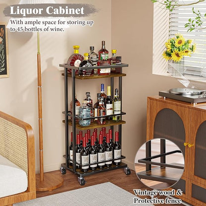 3 Tier Bar Cart for Home, Rolling Mini Liquor Bar for Wine Beverage Dinner Party, Utility Kitchen Storage Island Serving Cart on Wheels, Coffee Bar Cabinet for Kitchen Dining Living Room, Brown