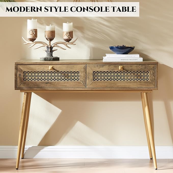Mid Century Modern Console Table with Drawers, Narrow Sofa Table for Living Room, Entryway and Bedroom, Boho Style, Rustic Oak