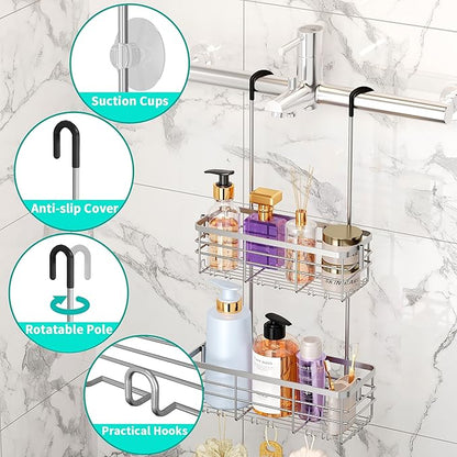 HapiRm Hanging Shower Caddy Organizer - No Drilling Shower Organizer with Hooks, Rustproof & Waterproof 304 Stainless Steel Bathroom Shelves - Silver