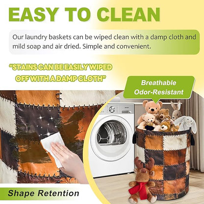 Cow Print Laundry Basket Funny Brown Cowhide Foldable Waterproof Oxford Cloth Tote Bag Laundry Hamper Round Large Clothes Storage Bucket Toy Organizer For Bathroom/Laundry Storage/Bedroom 18.9x16.5 In