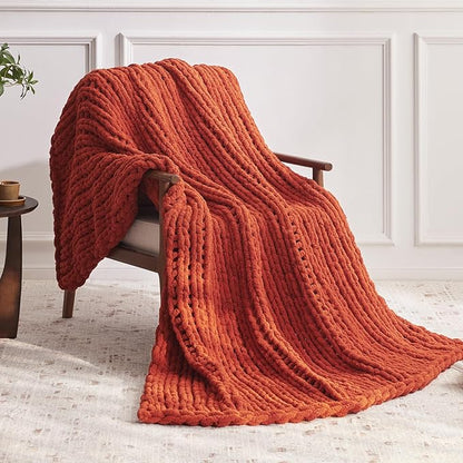 Negwoo Chunky Knit Throw Blanket, 40''*50'' Fall Throw Blanket Knitted Chenille Yarn for Bed Couch, Handmade Orange Crochet Big Thick Blanket, Machine Washable Cute Comfy Blankets for Home Decor