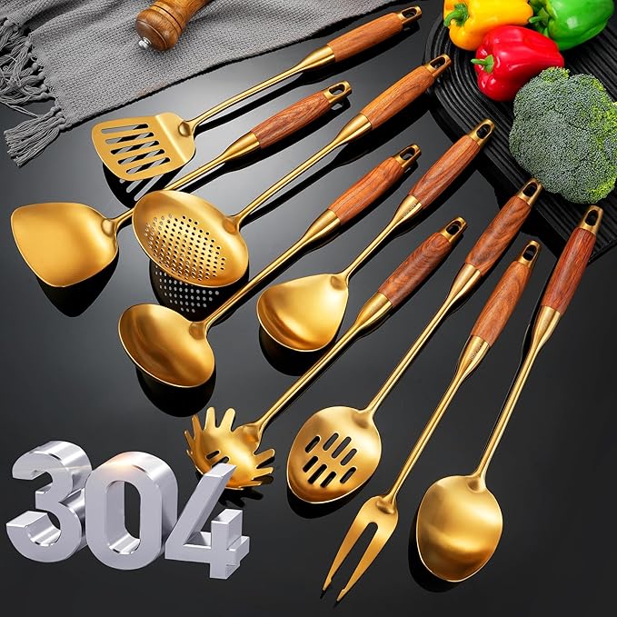 Gold Kitchen Utensils Set, 9 PCS 18/10 Stainless Steel Cooking Utensils with Wood Handle, Solid and Slotted Spoon, Fork, Spatula, Ladle, Skimmer, Slotted Tunner, Spaghetti and Large Spoon
