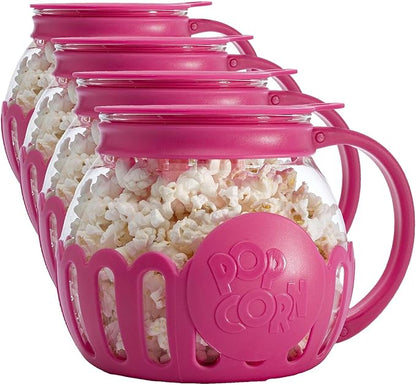 Ecolution Patented Micro-Pop Microwave Popcorn Popper with Temperature Safe Glass, 3-in-1 Lid Measures Kernels and Melts Butter, Made Without BPA, Dishwasher Safe, 1.5-Quart, Pink (Pack of 4)