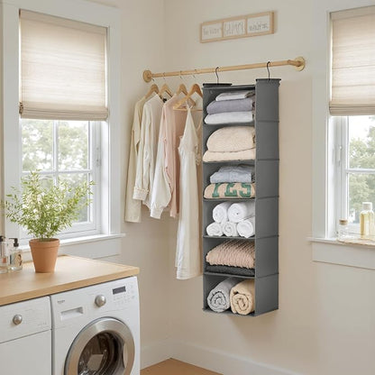 GRANNY SAYS 6 Shelf Hanging Closet Organizers and Storage, Collapsible Closet Hanging Organizer with 2 Sturdy Hooks, Large Hanging Shelves for Closet, Bedroom, Dark Gray
