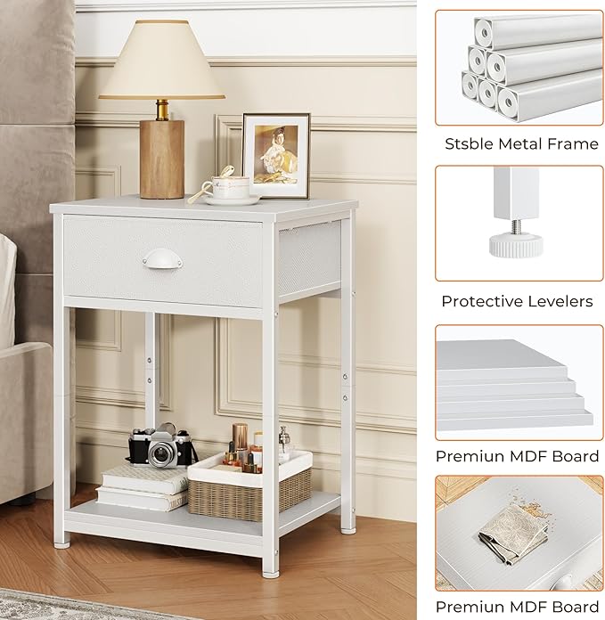 Furologee White Nightstand with Fabric Drawer, Small Side Table for Small Spaces, 2 Tiers Storage Shelves End Table, Night Stand for Living Room, Bedroom, Dorm