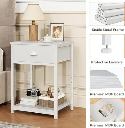 Furologee White Nightstand with Fabric Drawer, Small Side Table for Small Spaces, 2 Tiers Storage Shelves End Table, Night Stand for Living Room, Bedroom, Dorm