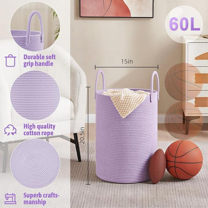 Laundry Basket,Woven Cotton Rope Laundry Hamper,60L for Decorative Storage of Dirty Clothes,Toys and Blankets in Bathroom,Baby Room and Living Room