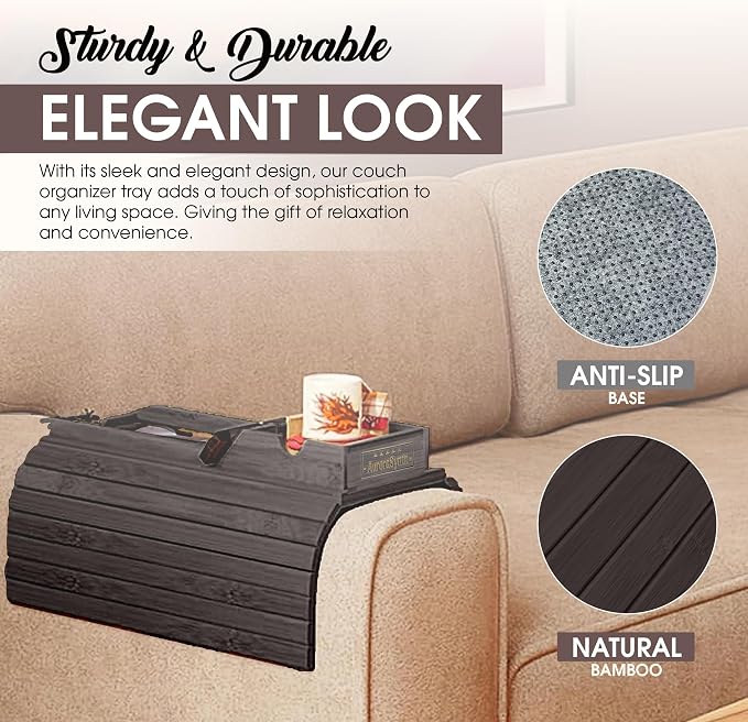 Couch Cup Holder Tray with 2 Cork Coasters, Couch Arm Tray, 2 in 1 Anti-Slip Foldable Sofa Arm Tray, Couch Armrest Table, Anti-Spill Couch Arm Table for Drinks TV Remote Cellphone Snacks (Walnut)
