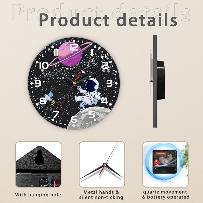 Cartoon Astronaut Wall Clock - Moon Contemporary Home Decor, Easy to Read for Living Room, Bedroom, Bathroom and Kitchen, 10 Inch