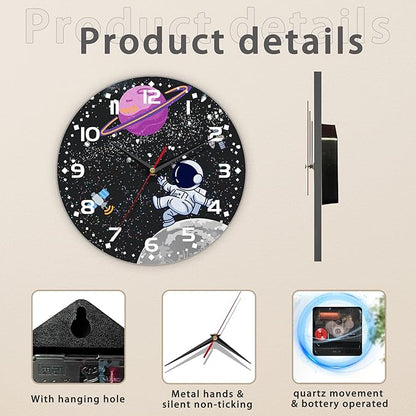 Cartoon Astronaut Wall Clock - Moon Contemporary Home Decor, Easy to Read for Living Room, Bedroom, Bathroom and Kitchen, 10 Inch