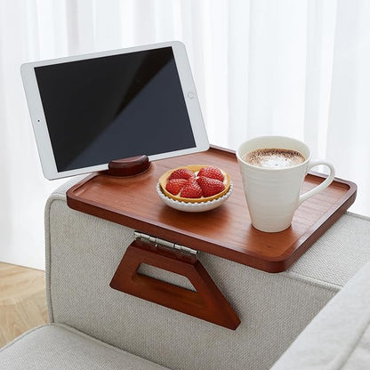 Shamrock Home Bamboo Couch Arm Table with Device Holder, Clip On Tray. for TV Dinners, Remotes, Drinks, Snacks and Small Spaces (Rectangular with Device Holder, Brown, Regular 13.75 x 9.5)