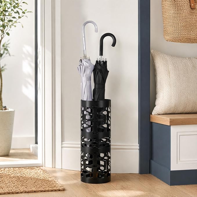 ZENFUN Umbrella Stand, Black Metal Umbrella Holder Freestanding, Cane Walk Stick Holder, Round Umbrella Rack for Entryway, Home, Office, 5.9 x 5.9 x 15.7 Inches