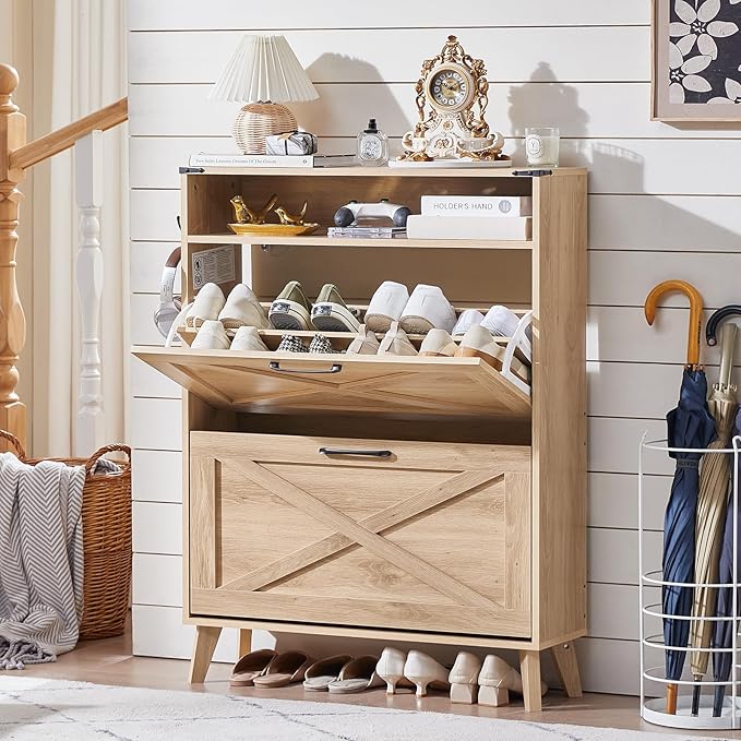 Shoe Storage Cabinet with 2 Flip Drawers, Boho Shoes Organizer for Entryway, Narrow Hidden Shoe Rack with Wood Legs & Open Storage, Free Standing Shoe Closet for Foyer, Hallway, Natural Oak