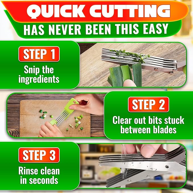 Herb Scissors with 5 Blades and Cover - Mince Fresh Cilantro, Parsley, Scallion, Chives & Dill in Seconds for Salad, Pasta, Tacos & Daily Meal Prep - Stainless Steel Herb Cutter with Cleaning Brush
