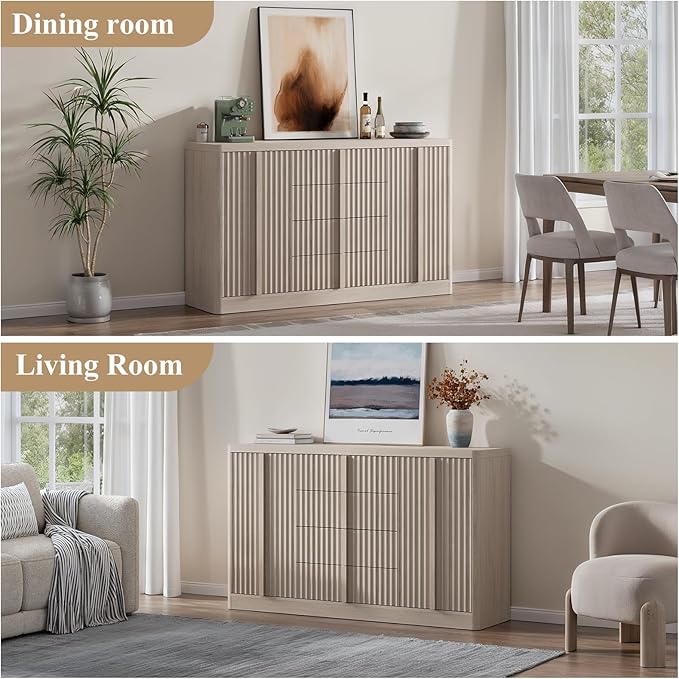 Buffet Cabinet with Storage, 120" Fluted Sideboard with 8 Drawers & 4 Door–Modern Accent Buffet Cabinet with Adjustable Shelves, Credenza Storage Cabinet for Kitchen Living Room, White Alder(2PC)