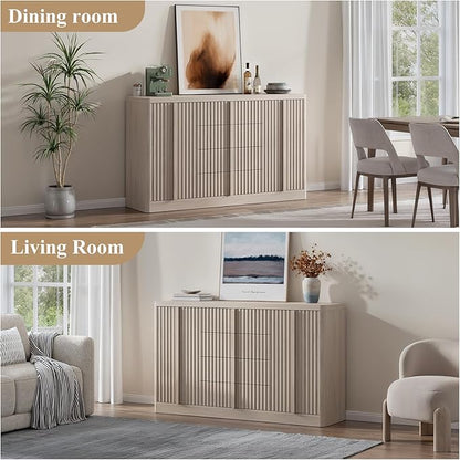 Buffet Cabinet with Storage, 120" Fluted Sideboard with 8 Drawers & 4 Door–Modern Accent Buffet Cabinet with Adjustable Shelves, Credenza Storage Cabinet for Kitchen Living Room, White Alder(2PC)