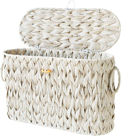 Toilet Paper Storage Basket with Lid,Toilet Paper Holder, Wicker Storage Basket with Built-in Handles for up to 6 Mega Rolls, Baskets Bathroom Accessories (Butter Milk)