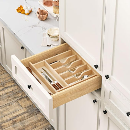 Clikuutory Natural Birch Wood Utensil Drawer Insert Organizer with 9 Compartments, Space-Saving Sturdy Drop-In Cutlery Divider Tray, Kitchen Cabinet Storage for Silverware, Spoons, Forks and Knives