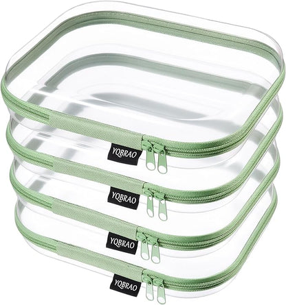 YQBRAO 4-Pack Clear Diaper Bag Organizer Pouches, 1.2mm Ultra-Thick PET Travel Pouches for Toiletries & Makeup, Rigid Self-Standing Bags with YKK Zippers, TSA Approved (Green)
