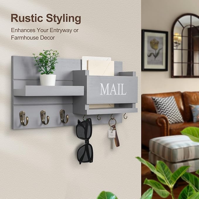 Mail Organizer for Wall Mount – Key Holder with Shelf Includes Letter Holder and Hooks for Hallway Farmhouse Decor – Rustic Wood with Flush Mounting Hardware (16.5” x 9.1” x 3.4”) (Gray)
