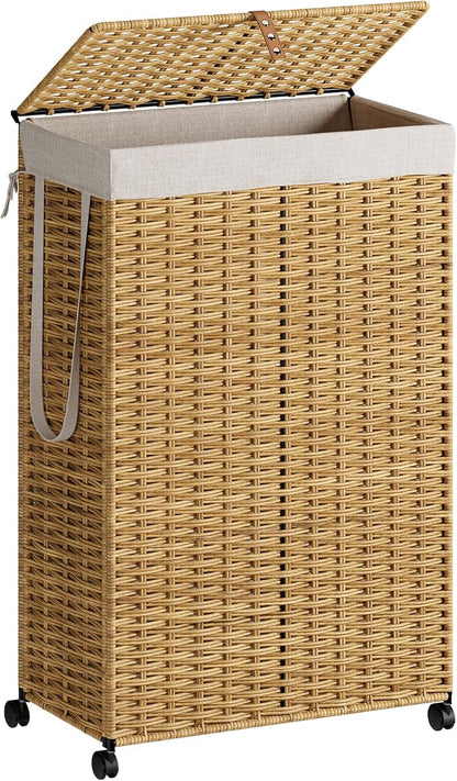 Rolling Laundry Hamper with Wheels and Lid, 90L Slim Laundry Basket with Removable Bag, Foldable Handwoven Rattan Laundry Sorter, Narrow Dirty Clothes Basket Organizer, No Assembly, Natural